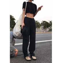 女休闲百搭长裤 美伢Fuzzykon黑色垂感直筒抽绳收脚西裤