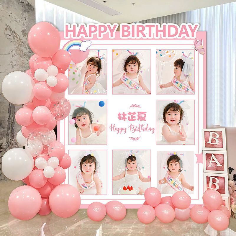 粉色男女宝网红周岁生日背景板