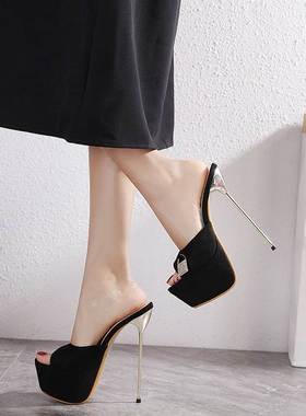 欧美街拍锁头装饰2021年新款细高跟16CM绒面鱼嘴外贸女凉半拖鞋40