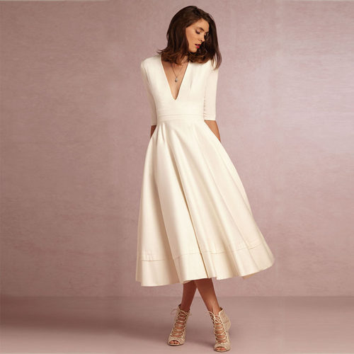 Euro Women V-neck Dress Ladies White evening gown 性感中袖裙