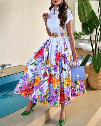 夏碎花法式度假花卉短袖收腰衬衫长裙Summer floral shirt skirt