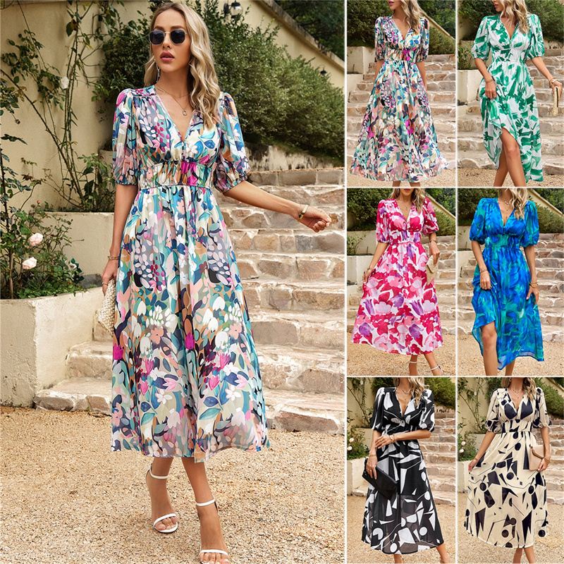 连衣裙印花长裙Summer Short Sleeve V-neck Printed Women Dress