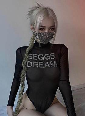 Ahagaga 辣妹网纱镂空透视修身长袖T恤欧美风性感刺绣黑色连体衣