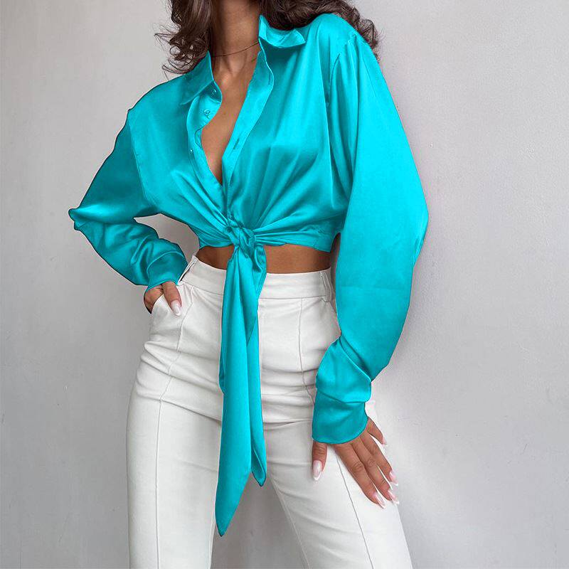 Women casual shirt top 女装纯色性感气质休闲翻领长袖衬衫上衣