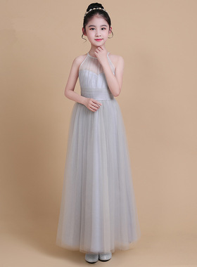 儿童礼服女童公主裙灰色蓬蓬纱网裙中大童主持人小礼服钢琴演出服