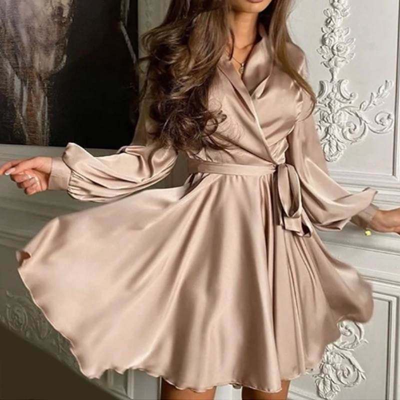 dress with belt长袖V领纯色A字大摆小灯笼袖系腰带短款连衣裙 女