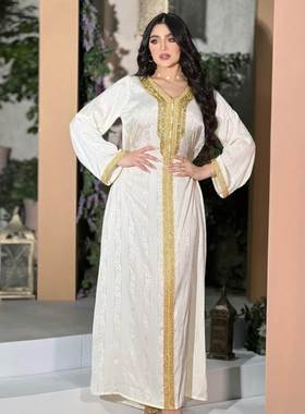 中东新女烫钻金色花边长袍白色缎面提花旅游度假大码连衣裙Dress