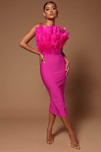 Women's Feather Evening Birthday Dress Off-shoulder Dres