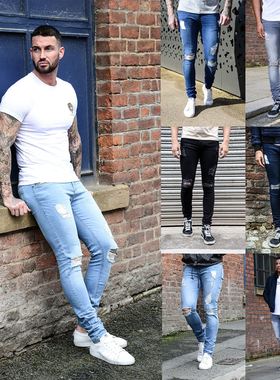 紧身破洞牛仔天蓝色黑色长袖加绒白色水洗旅游jeans pants men