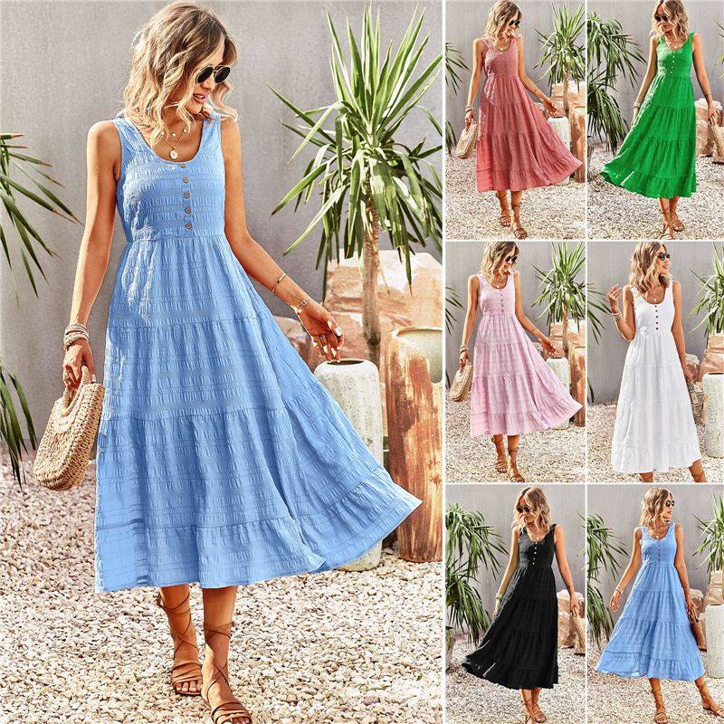 蓝色长裙女连衣裙 Women Summer Solid Sling U Neck Long Dress