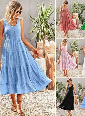 蓝色长裙女连衣裙 Women Summer Solid Sling U Neck Long Dress