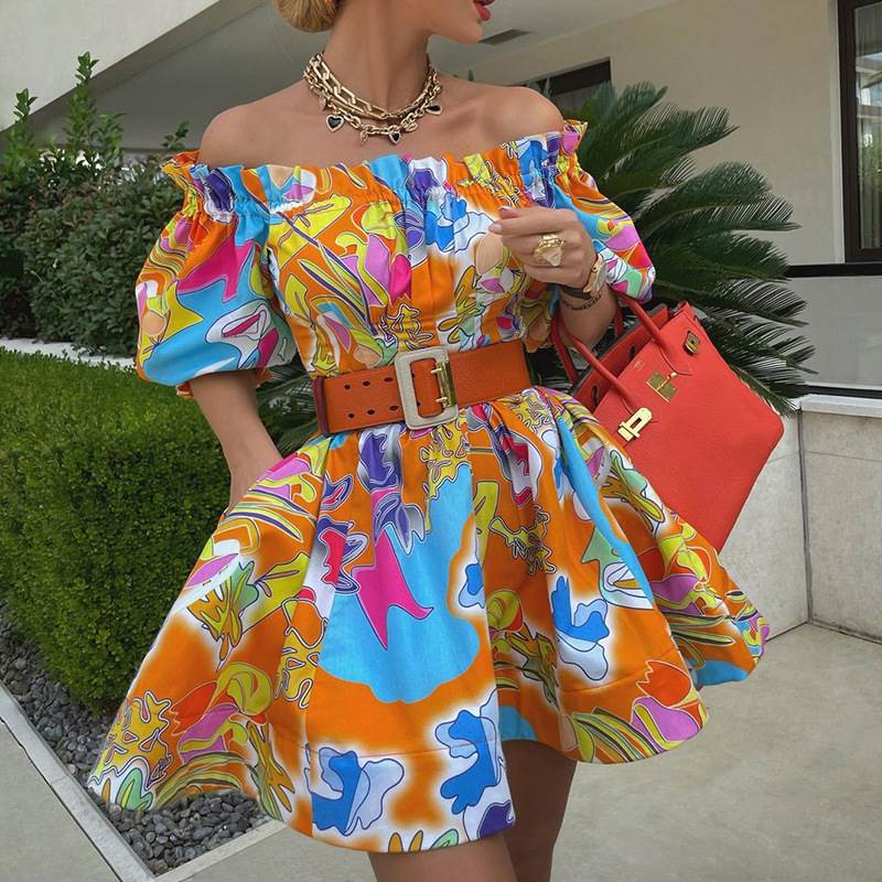print dress have belt性感气质时尚一字领腰带收腰印花连衣裙短
