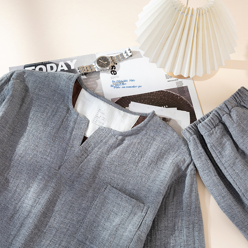 【松木】男士长袖长裤套装日系简约家居服全棉双层色织提花棉纱款