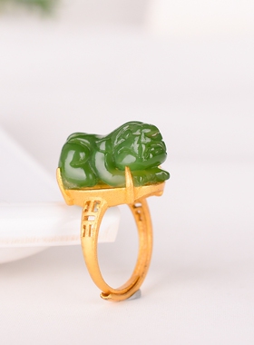 和田碧玉银镶男女指环情侣款俄罗斯碧玉招财貔貅可调节活口戒指