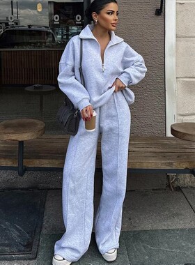 欧美时尚休闲套头休闲上衣裤运动套装女 hoodie pants set suit w