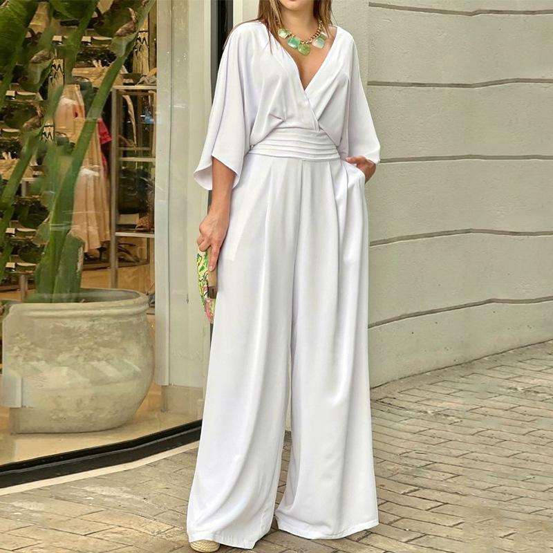 Deep V-neck bat sleeve solid color straight tube jumpsuit