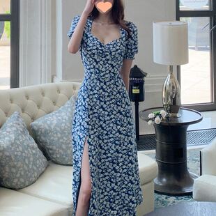 2023 summer women blue print dress ladies sexy cut dresses女