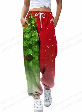 Christmas Pants Women Fashion Joggers Wide Pants High Waist