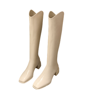 长筒靴女2025年夏季V口小个子方头粗跟高跟瘦瘦高筒靴百搭马丁靴