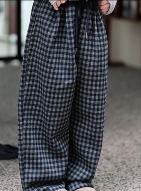 韩国正品2025冬季加绒加厚格子藏青色卫裤带抽绳69131