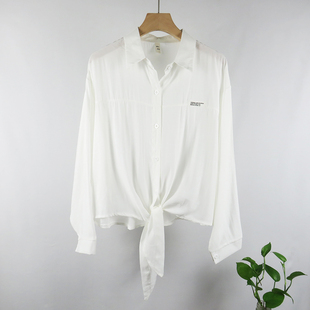 女士春夏季衬衫2025时尚新款单排扣下摆打结长袖衬衣宽松显瘦上衣