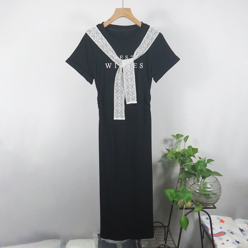 字母印花蕾丝拼接褶皱连衣裙女夏
