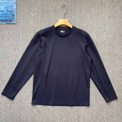 潮牌时尚新款男士圆领长袖T恤深蓝色百搭休闲亲肤透气上衣0118