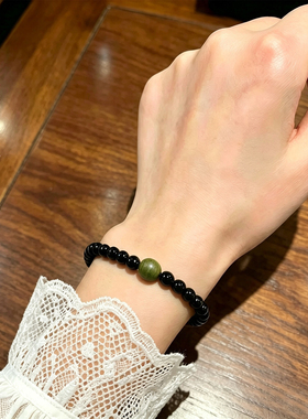 绿檀木黑曜石手串五行补水木男女款国风木质手链高级感文玩串珠