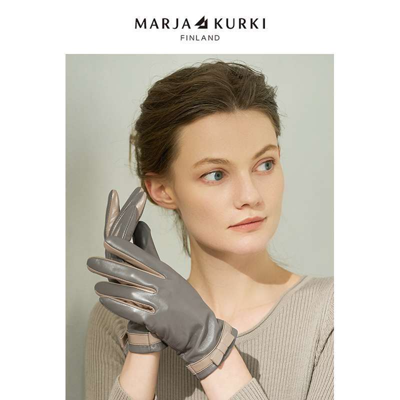 MARJAKURKI玛丽亚古琦蝴蝶结真皮手套女冬季保暖羊皮手套可触摸屏
