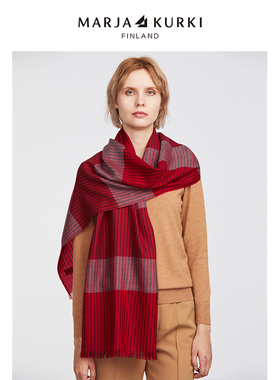 MARJAKURKI玛丽亚古琦红色羊毛围巾女冬季百搭条纹披肩春秋礼盒装