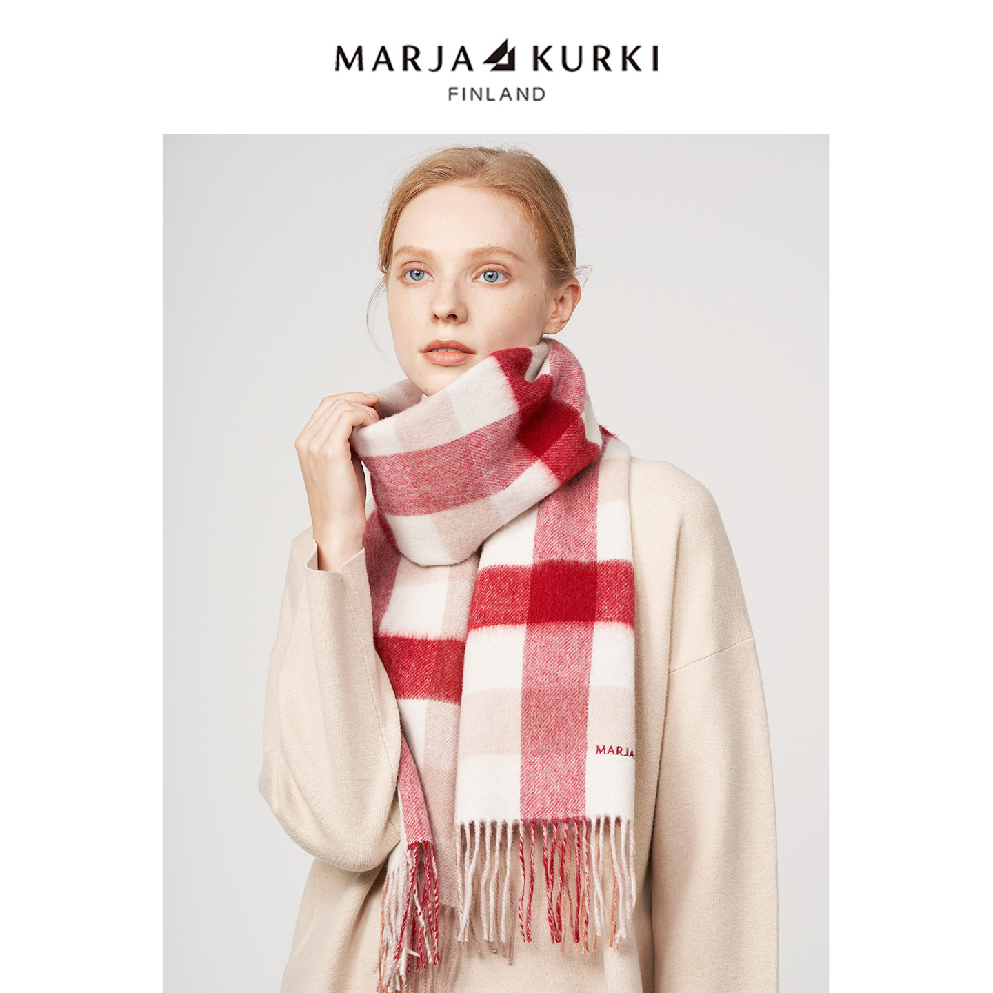 MARJAKURKI玛丽亚古琦双面羊毛羊绒围巾女冬季高级感红色格子围巾,服饰配件/皮带/帽子/围巾,围巾/丝巾/披肩,淘宝优惠券,粉丝福利购,淘宝优惠卷