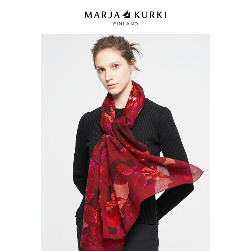 MARJAKURKI玛丽亚古琦红色羊毛围巾女冬季妈妈中年保暖披肩礼盒装