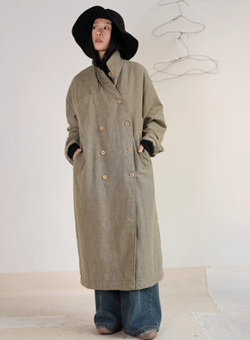 棉服外套女秋冬天丝苎麻长款棉衣保暖复古做旧大衣慵懒风C0935