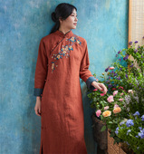 新款 中国风刺绣旗袍棉麻绣花夹棉棉衣禅意茶服复古秋冬长袖 连衣裙