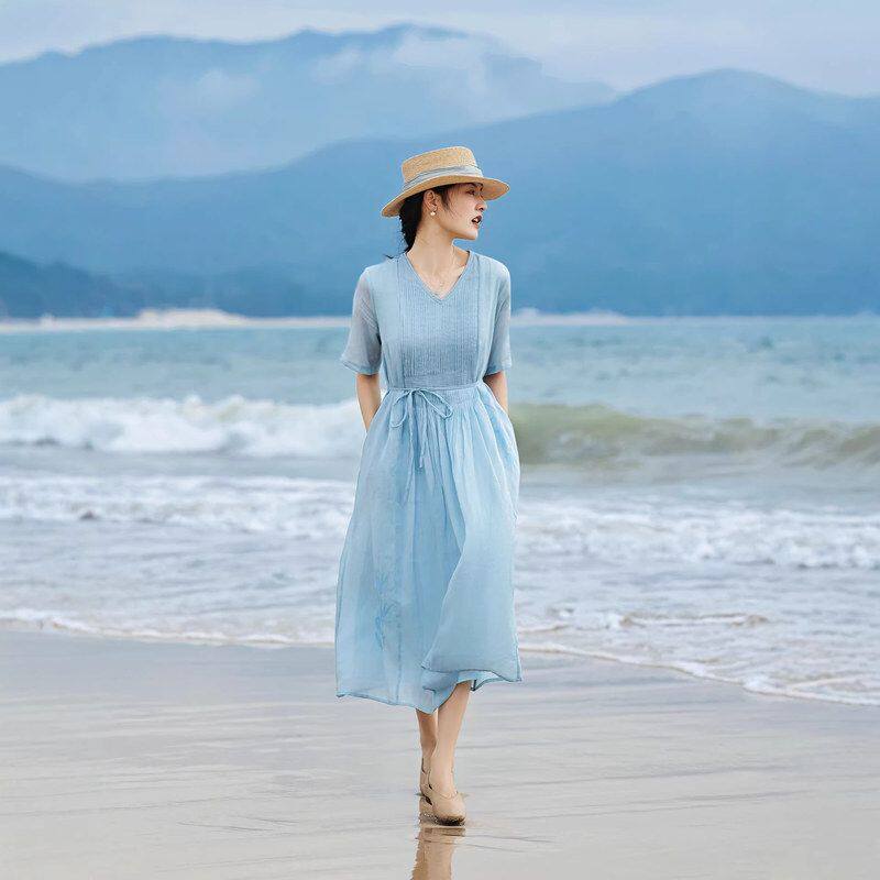 苎麻 风琴褶宽松领夏季V2026连衣裙长裙刺绣品高支新显瘦双层清凉