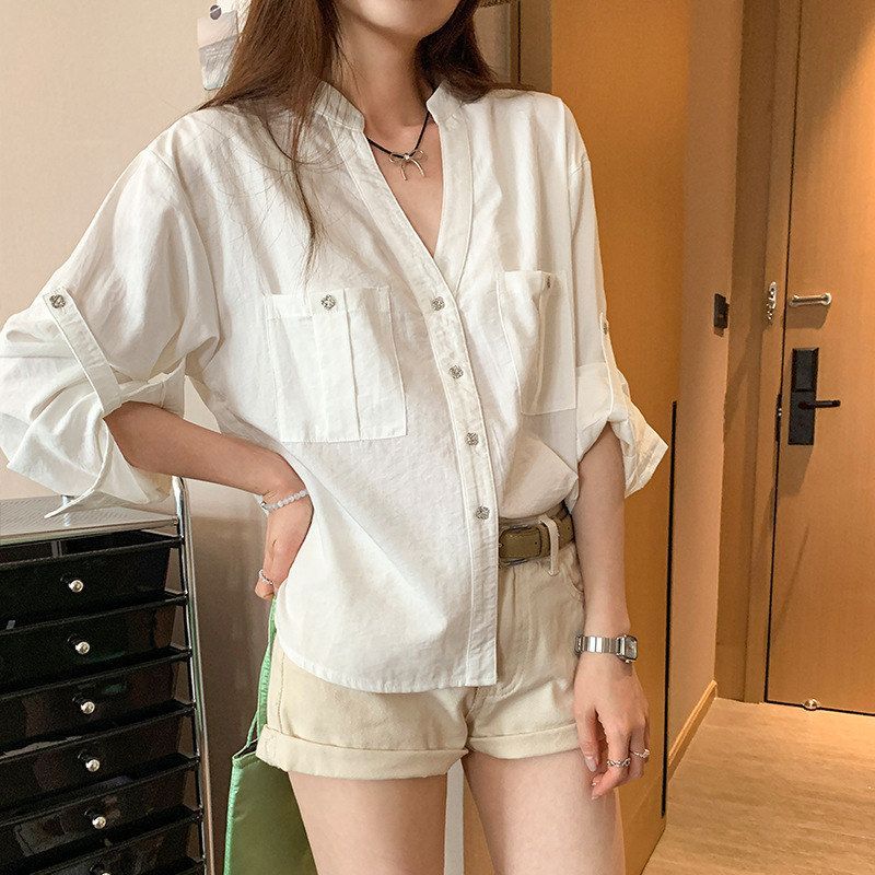 【炜思】2025夏季新款图韩系正肩V领宽松长袖衬衫独特设计感上衣