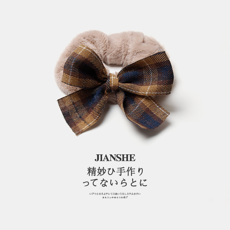 秋冬格子蝴蝶结毛绒大肠发圈头绳