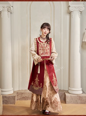 新款汉服[赤马宝相]重工刺绣比甲衬衫缎面提花半裙汉元素女