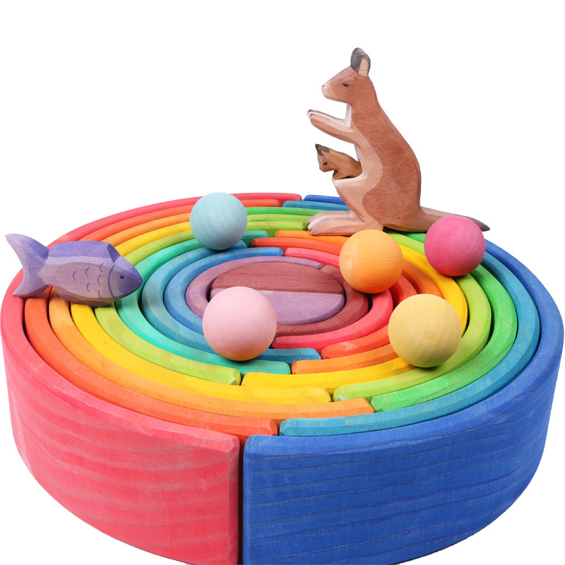 wood rainbow木制儿童彩虹积木玩具 祖国版椴木拼搭叠叠乐玩具