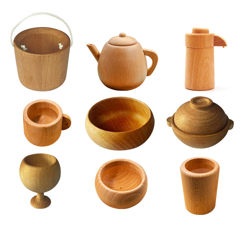 外贸出口木制仿真过家家玩具榉木圆茶碗茶杯红酒杯实木玩具