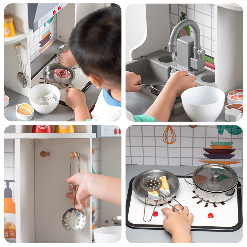 새로운 나무 코너 주방 스토브 세트 어린이 놀이 집 시뮬레이션 소리와 가벼운 물 주방 장난감 선물