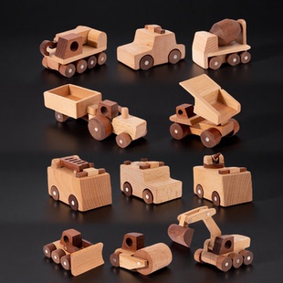 儿童工程车挖掘机玩具实木吊车宝宝汽车模型摆件木质男孩生日礼物