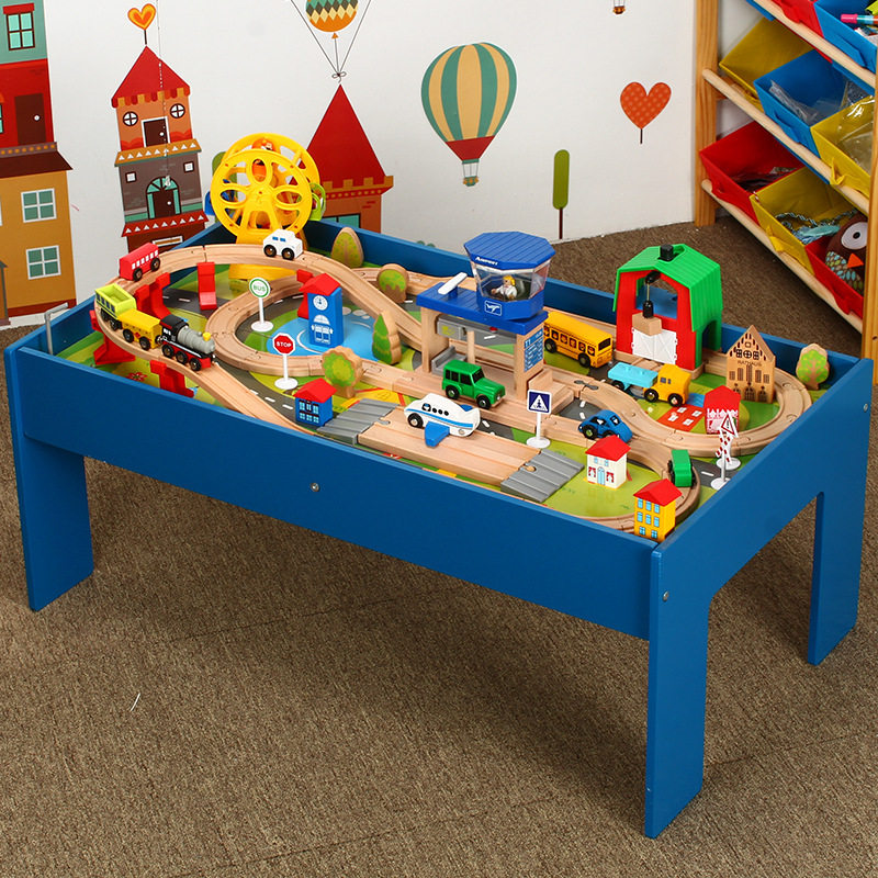 儿童小火车轨道套装游戏桌宝宝幼儿园多功能轨道玩具积木桌