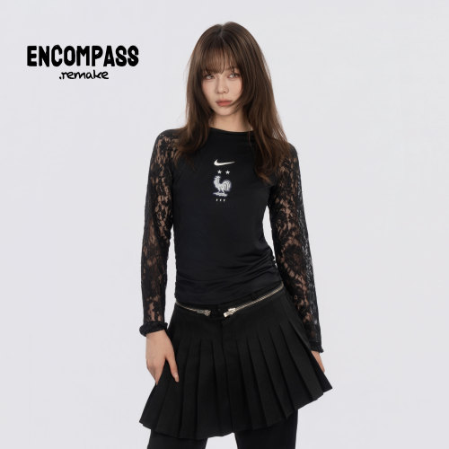 Nike Remake足球穿搭半透蕾丝长袖Jerseyfit辣妹修身T恤ENCOMPASS