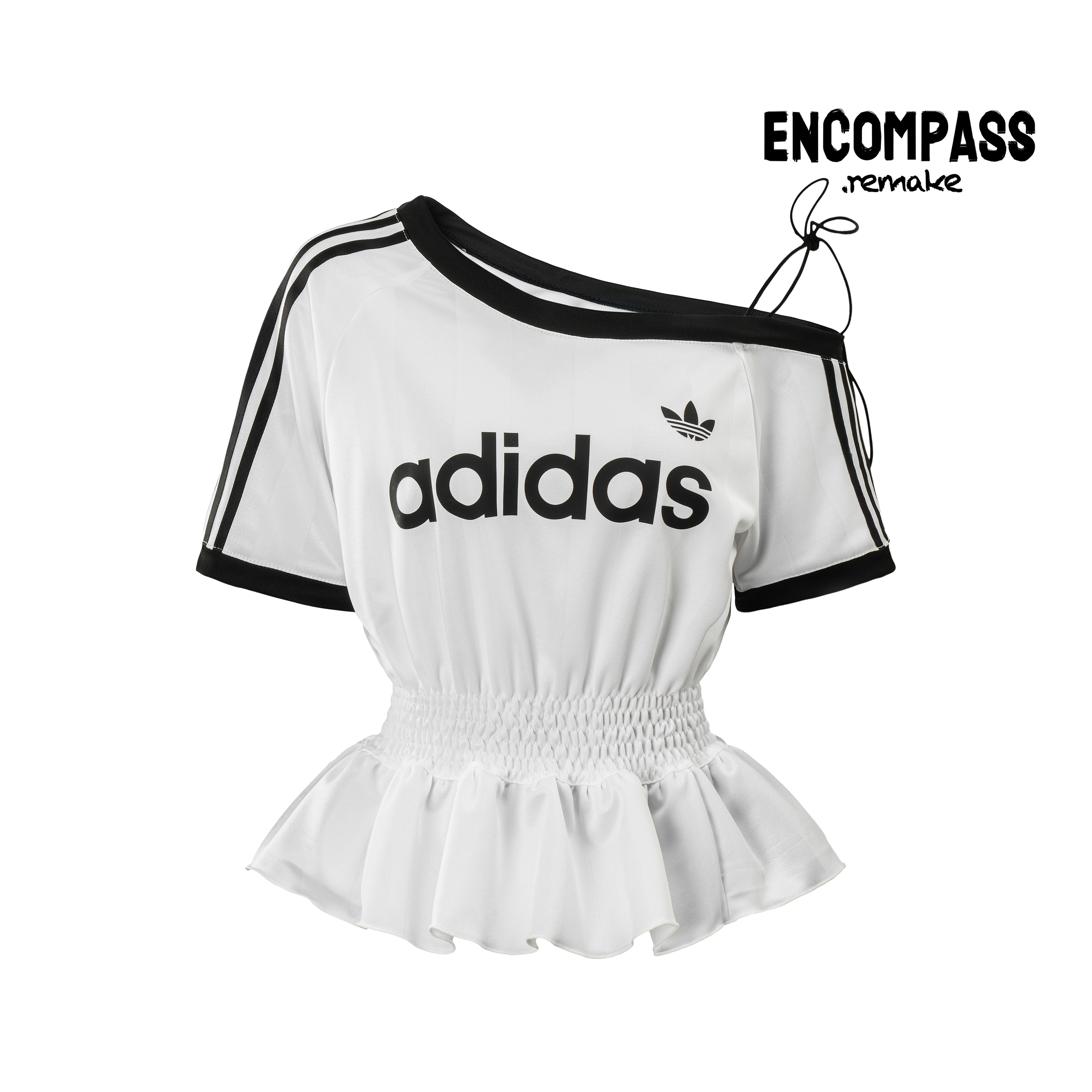 Adidas/三叶草 Remake 斜肩绑带修身褶皱收腰花边T恤女 ENCOMPASS