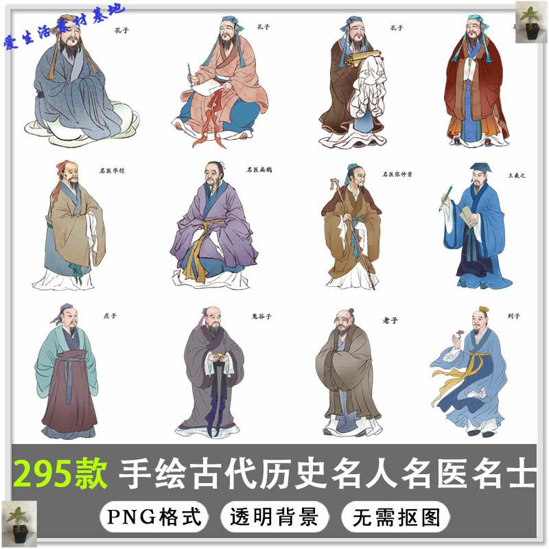 手绘古代历史名人名医名士古代诗人国学人物插画png免扣素材