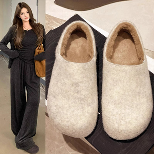 一脚蹬棉鞋 内增高毛呢勃肯穆勒鞋 复古加绒毛毛鞋 2025新款 女秋冬季