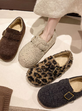 4CM内增高灰色毛毛鞋女外穿秋冬新款呢子软底懒人加绒棉勃肯鞋子