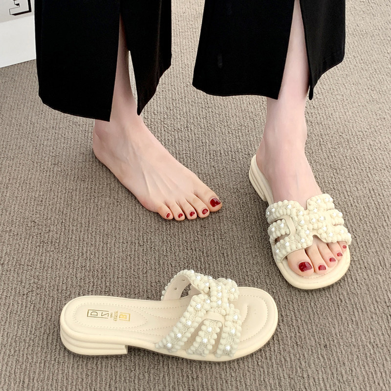 仙女风温柔珍珠蕾丝拖鞋女夏2026新款外穿平底一字凉拖海边配裙子