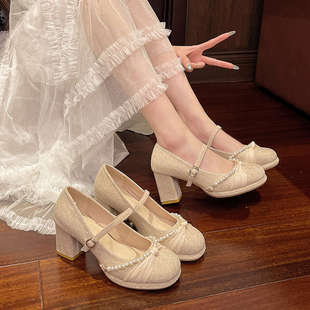 甜美圆头一字扣鞋 法式 新款 仙女风高跟配裙子粗跟单鞋 女2025年夏季